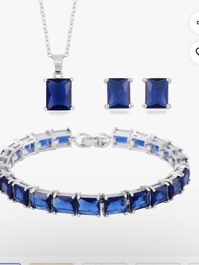 3 Piece Set Blue Austrian Crystal Tennis Bracelet, Solitaire Necklace, Earrings